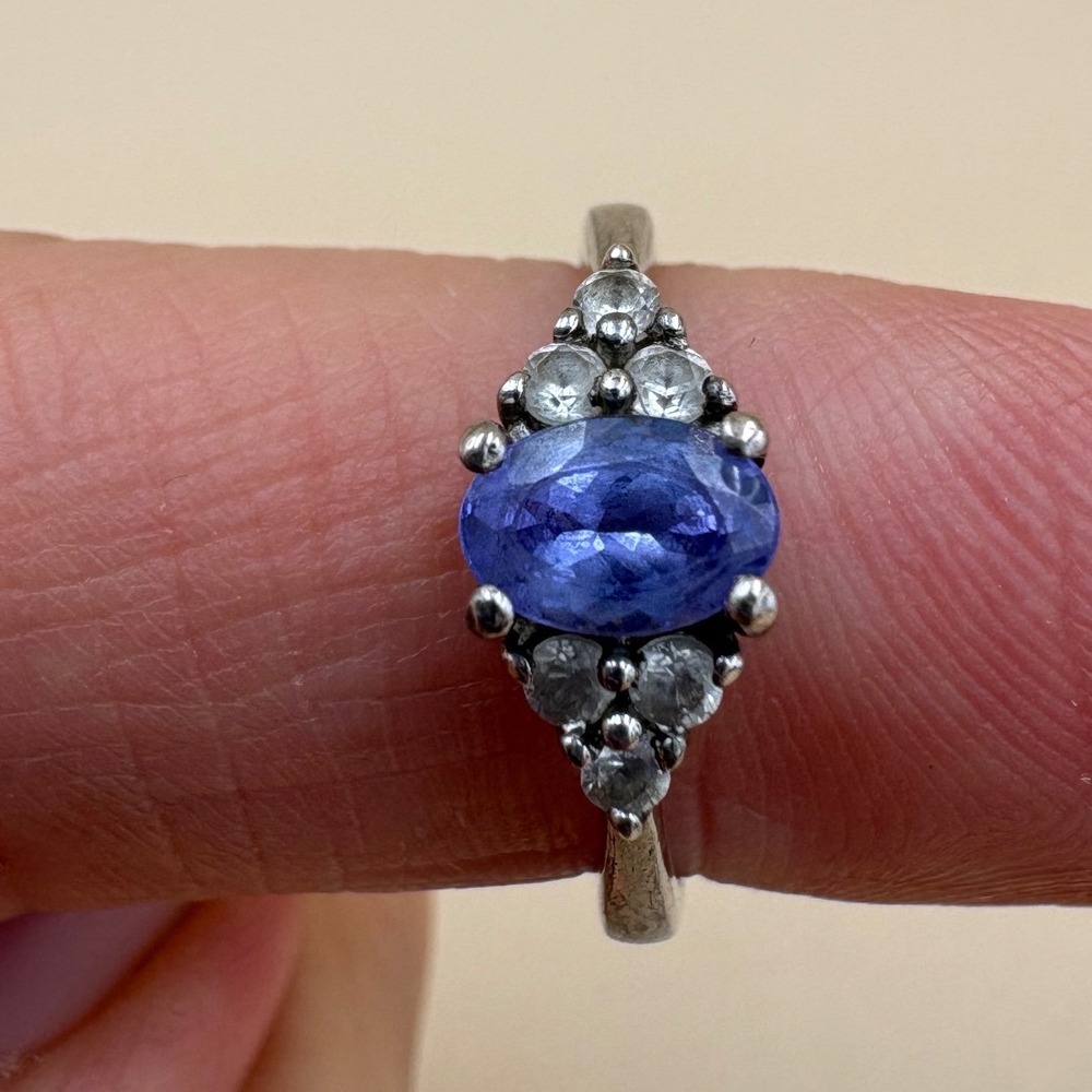 Tanzanite & White Topaz STS Sterling Silver Ring Size 8 — Oval Cluster Halo
